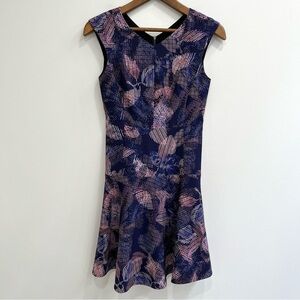 Rebecca Taylor Sonic Garden V-neck Drop Waist Dress Fit n Flare Blue Pink Size 2